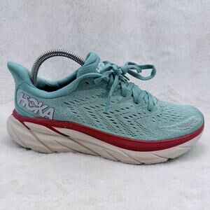 HOKA Clifton 8 Womens Running Shoes Teal Blue Red Size 8.5 Athletic Sneaker
